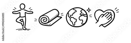 Yoga and wellness icons: pose, mat, earth, heart
