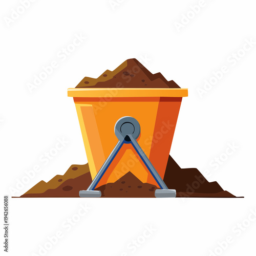 An illustration of a wheelbarrow filled with soil next to piles of dirt.