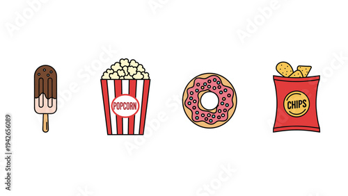 Colorful fast food and snack collection featuring a chocolate ice cream bar, striped popcorn bucket, pink donut, and a bag of chips.