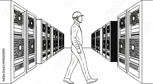 Male technician in hard hat walks between rows of server racks