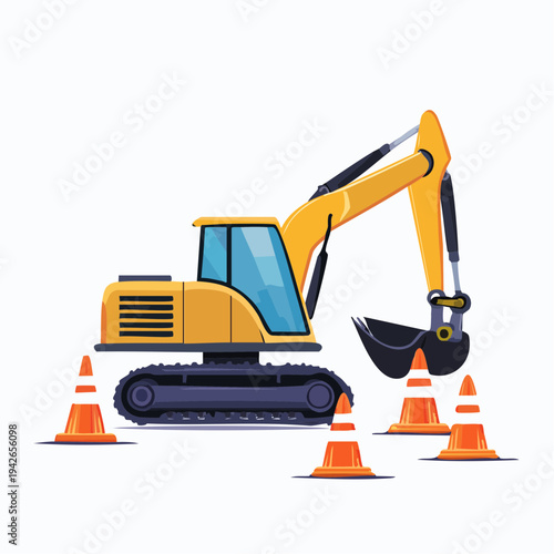 A yellow excavator digs with traffic cones nearby outdoors.