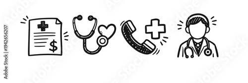 Healthcare doodle icons: medical bill, stethoscope, phone, doctor