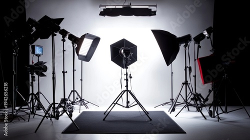 Professional Photography Studio Setup: Lighting Equipment, Softboxes, and Reflectors.