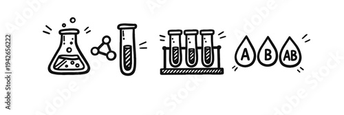 Hand-drawn laboratory tools and blood type symbols illustration