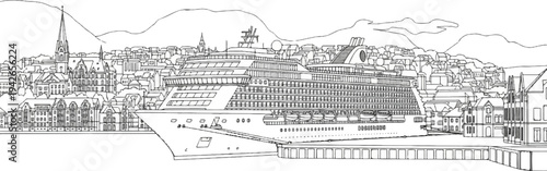 Large cruise ship docked at a picturesque harbor with mountains behind town