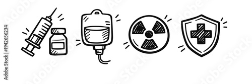 Hand-drawn medical icons: syringe, medicine bottle, radiation symbol, shield