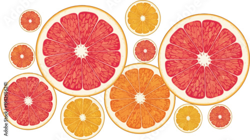 Sliced citrus fruits, pink grapefruit and orange, arranged on a white background