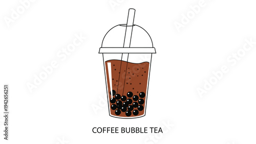 Delicious coffee bubble tea illustration in a clear plastic cup with large black tapioca pearls and a straw for refreshment.