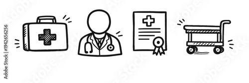 Healthcare doodle icons: doctor, medical kit, certificate, and shopping cart