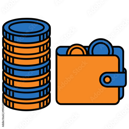 A wallet with coins and a stack of coins are placed side by side.