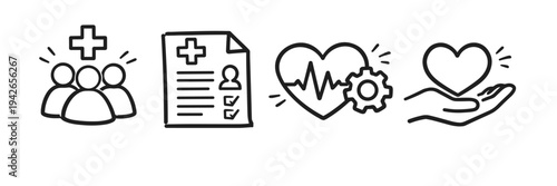 Healthcare icons: team, medical report, heartbeat, compassionate care