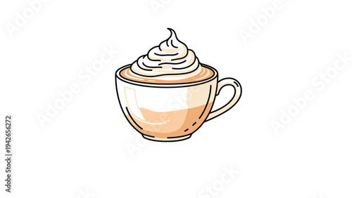 Warm cup of latte or cappuccino topped with a generous swirl of whipped cream in a cozy hand drawn illustration style.