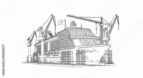 Large cruise ship under construction with multiple cranes surrounding it