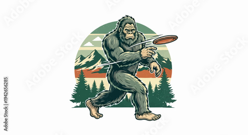 Bigfoot playing frisbee in a retro mountain landscape