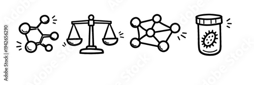 Science symbols: molecules, scales, microbiology icon set