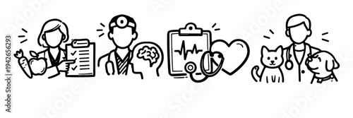 Healthcare professionals and icons: nutrition, psychology, medical, veterinary