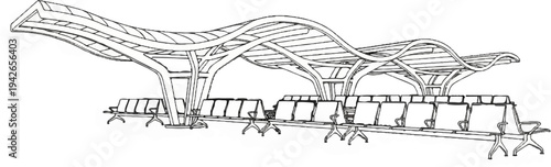 Modern abstract drawing of a waiting area with tiered seating and a wavy roof