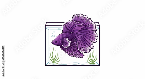 Vivid purple betta fish with flowing fins swims in a glass aquarium with greenery