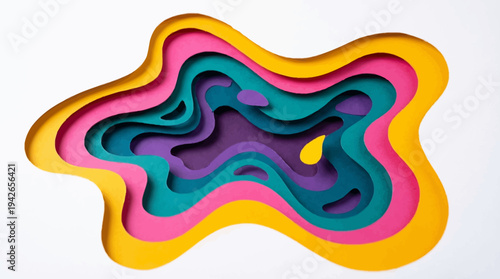 Abstract 3D Layered Paper Cut Art with Vibrant Yellow Pink Teal and Purple Waves on White Background