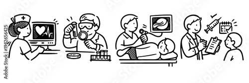 Healthcare professionals performing medical tests and exams