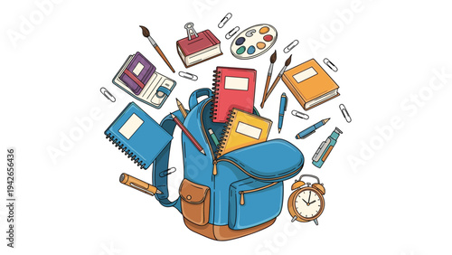 A vibrant cartoon illustration of school supplies like notebooks, paints, and pencils flying out of an open blue backpack, representing back to school.