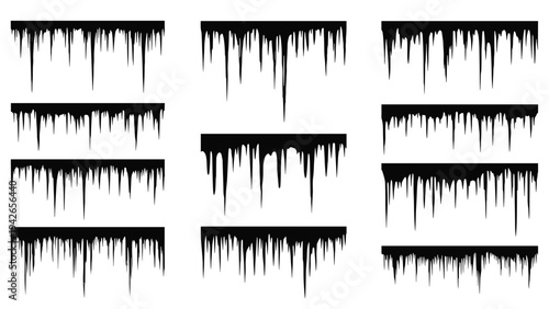 Set of twelve black icicle silhouettes in various lengths and patterns for creating winter and freezing weather effects.