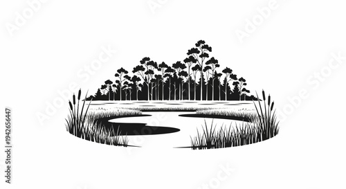 Black and white depiction of a swampy forest edge with water and reeds