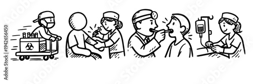 Illustration of medical procedures: healthcare professionals administering care