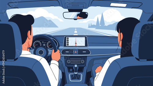 Passenger view of a couple driving a modern car on a scenic mountain road with a GPS navigation system on the dashboard.