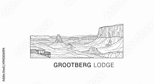 Line drawing of a vast canyon landscape with a river, mesas, and a lodge