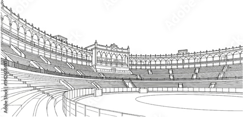 Line art depiction of an empty, grand, multi-tiered arena with arched walkways