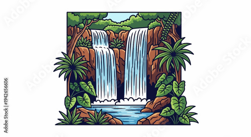 Lush jungle waterfall cascades down rocky cliffs amidst tropical foliage