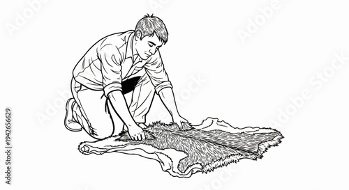 Man in casual clothes kneeling, working on a large fur pelt, examining texture