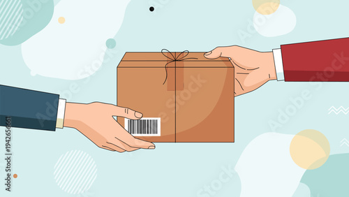 Close up of two hands handing over a brown cardboard box package representing delivery, shipping, and logistics services.
