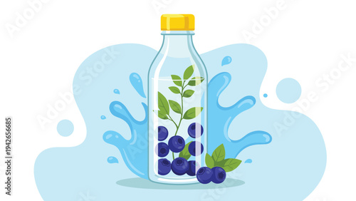 Refreshing bottle of blueberry infused water with fresh berries and green leaves against a dynamic blue splash background.