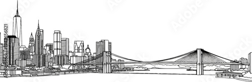 Black and white line drawing of a city skyline with a large suspension bridge