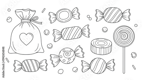 Assorted collection of various sweet treats including lollipops and wrapped candies in a bag shown as detailed line art.