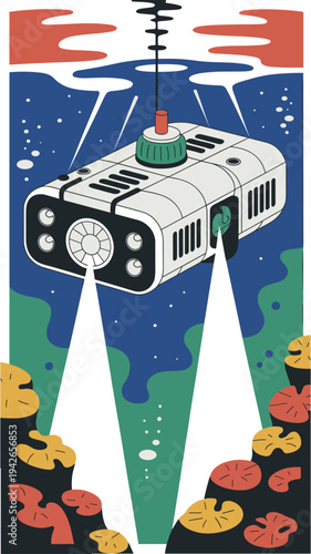 Autonomous underwater vehicle collecting marine data. Scientific underwater robot collecting oceanographic data during exploration mission.