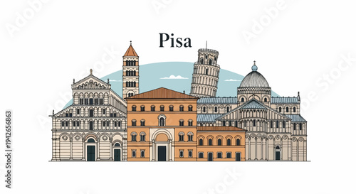Architectural landmarks of Pisa, Italy, with iconic leaning tower and cathedrals