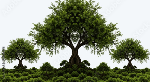 Majestic ancient trees rise from a lush green landscape