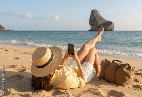 A woman lounges on a sunlit beach, scrolling on her phone while framed by the ocean and a dramatic rock formation in the distance.
