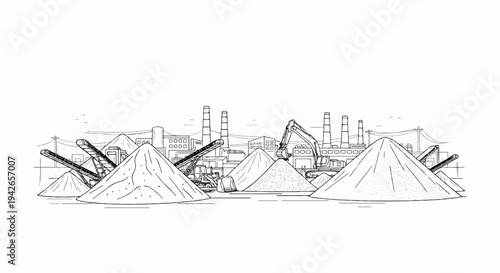 Industrial landscape with processing machinery, mounds of material, and factories