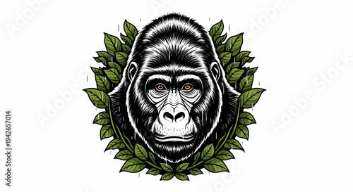 Realistic gorilla head framed by lush green leaves, intense stare