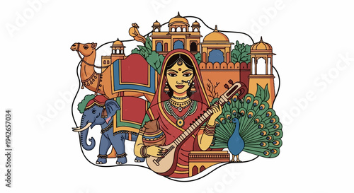 Indian woman with musical instrument, camel, elephant, peacock, palace