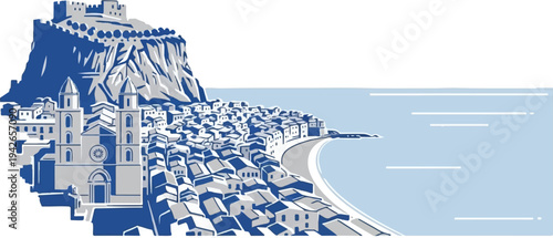 A coastal town with a castle on a cliff above a church and the sea