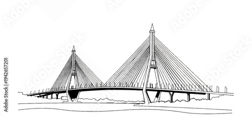 Iconic cable-stayed bridge with twin towers, showcasing intricate structural design and spanning a waterway