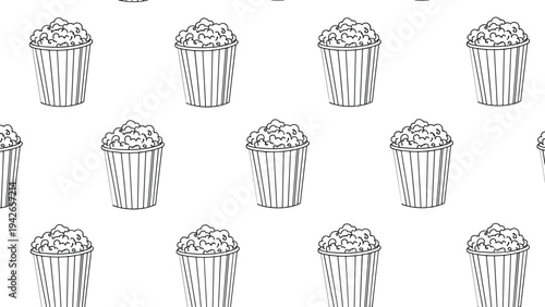 Seamless pattern showing multiple rows of striped buckets overflowing with popcorn in a clean black and white line art style.
