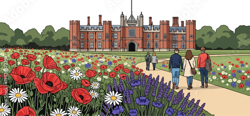 People walk along a path towards a grand brick building through a vibrant flower meadow