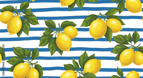 Bright yellow lemons with green leaves scattered on a blue and white striped background