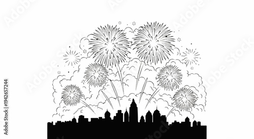 Black silhouette of city skyline beneath a festive display of fireworks